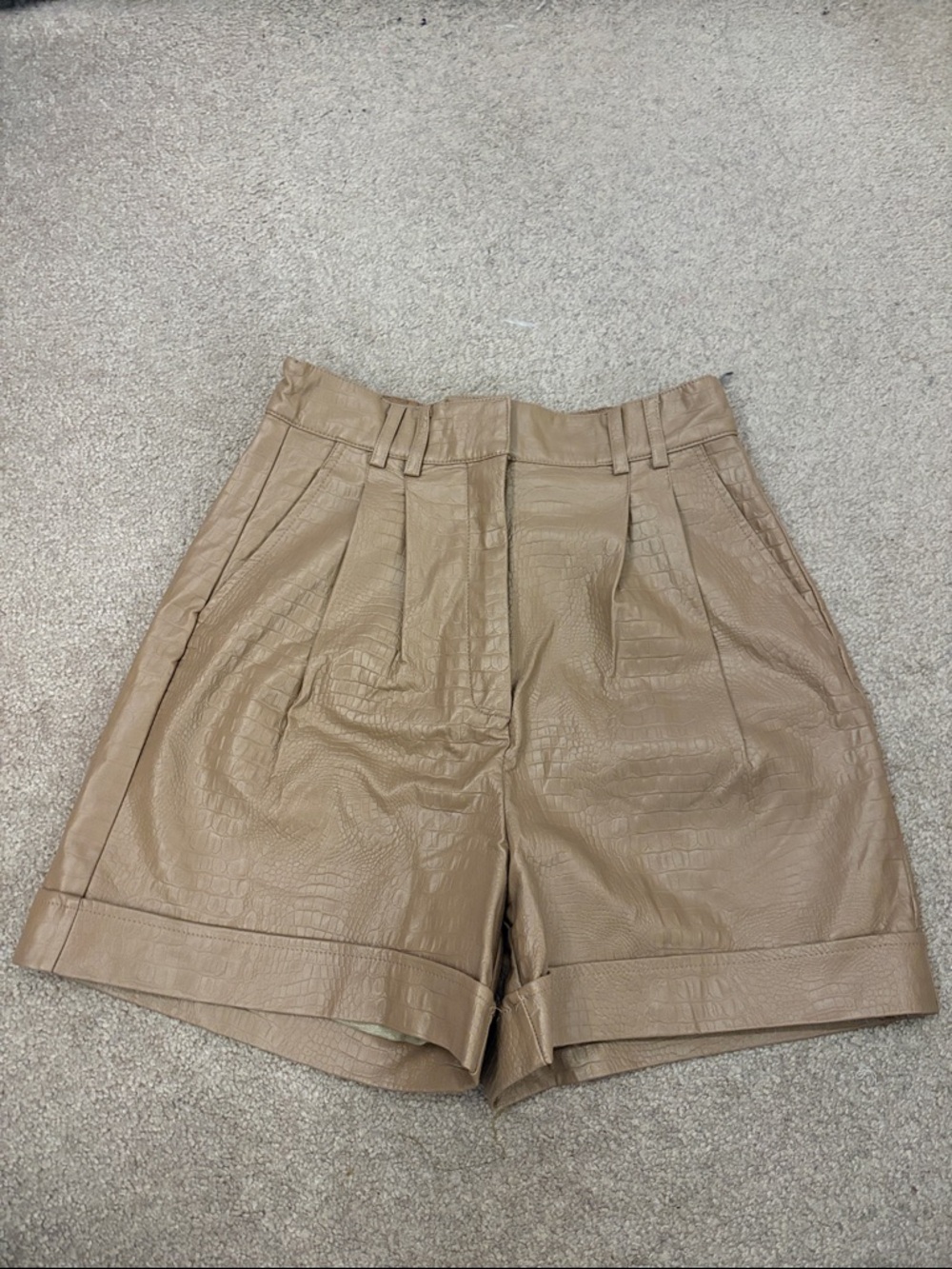 Dynamite Tan Faux-Leather High-Waist Pleated Shorts